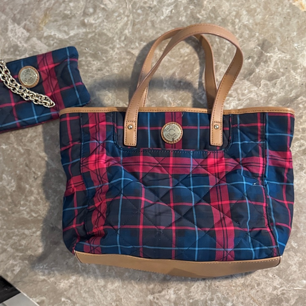Tommy Hilfiger Blue and Pink Plaid Tote